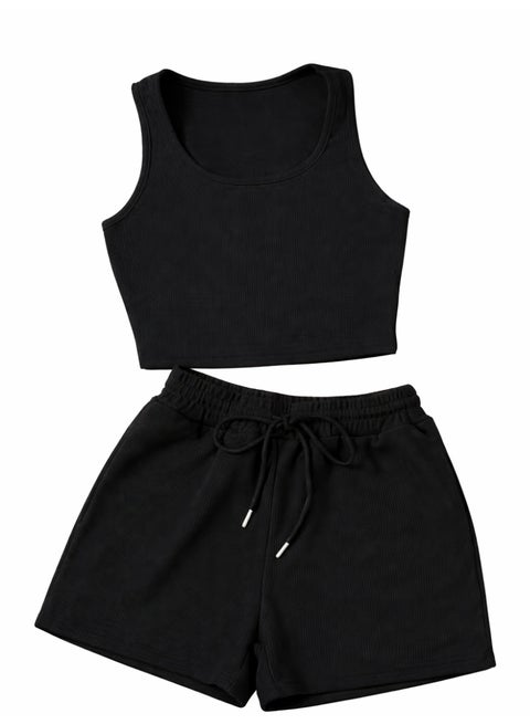 Women’s Ribbed Crop Tank Top and High-Waisted Shorts Set Casual Lounge and Workout Wear - Scoop Neck Top and drawstring shorts set For women